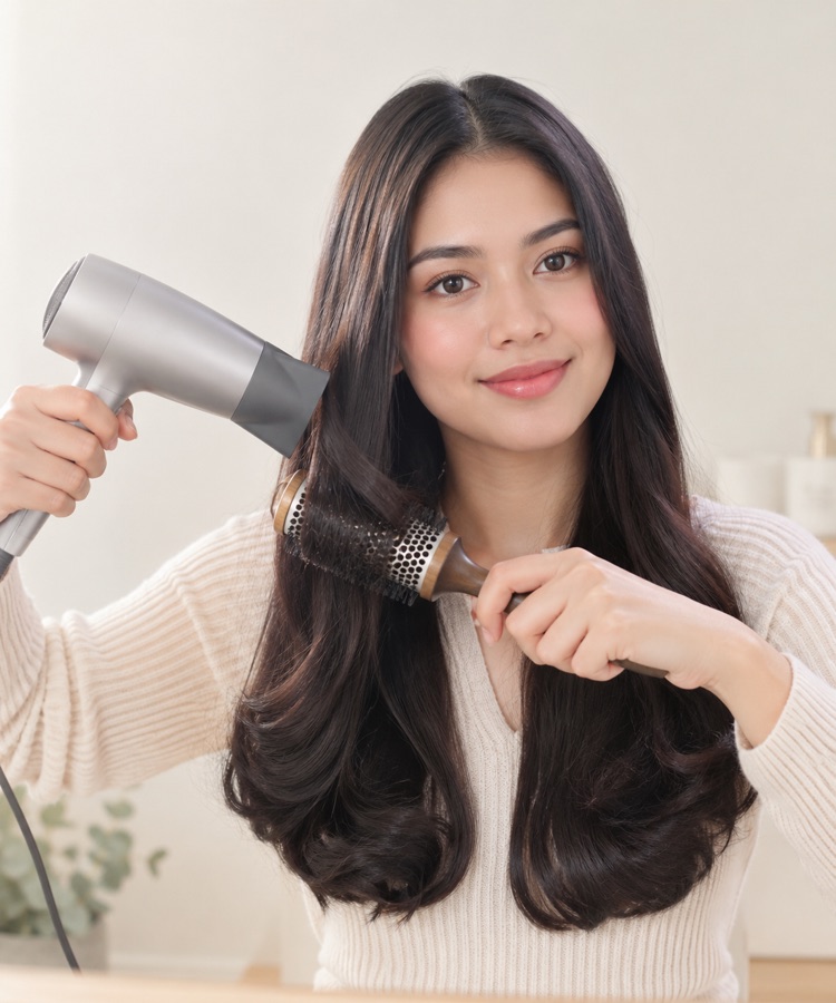 Woman blow-drying and brushing her hair