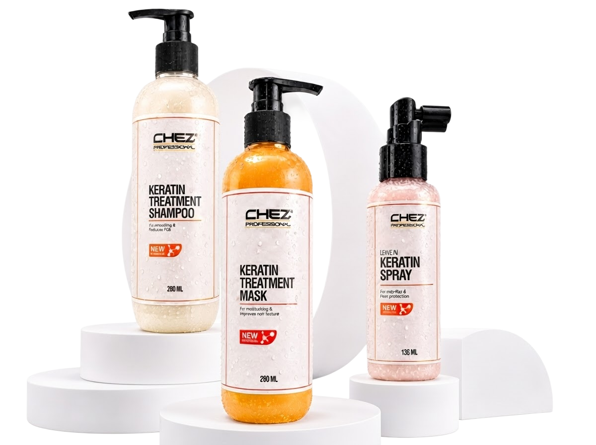 Keratin Treatment Shampoo, Keratin Treatment Mask and Leave-in Keratin Spray on display blocks